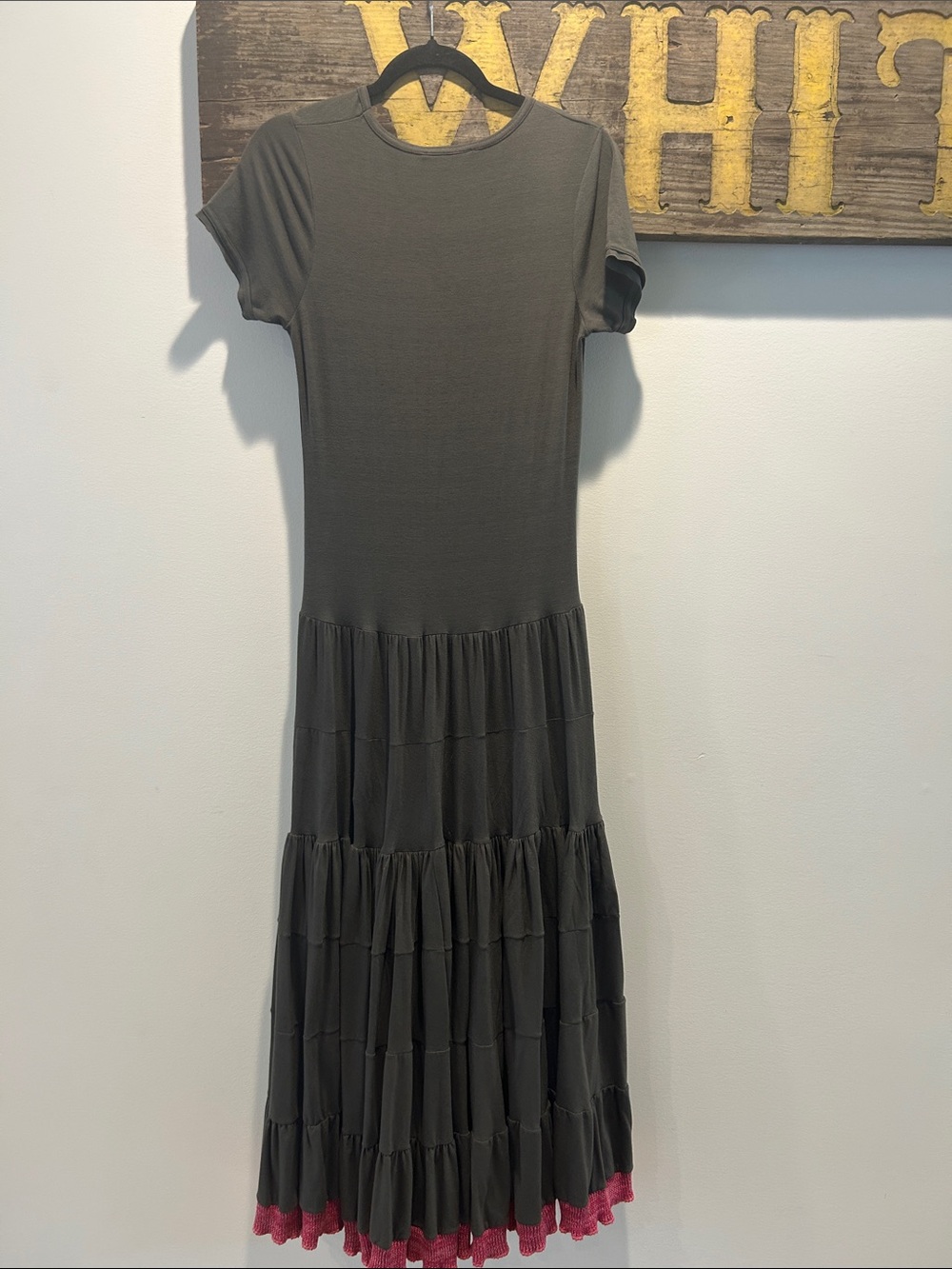 Olive Graphic Tiered Maxi Dress with Pink Trim - Picture 7 of 12